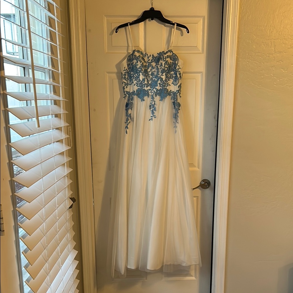 Elegant White Dress with Blue Lace